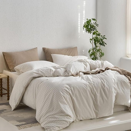 MooMee Striped Duvet Cover Set 100% Washed Cotton Linen Like Textured Breathable Durable Soft Comfy (White Tannish Linen Grey Wide Stripes, Queen 90"x90")