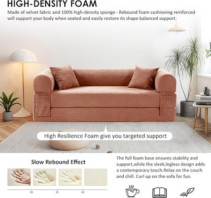 80" Convertible Sofa Bed, 3-in-1 Corduroy Folding Pull Out Couch with Pillows, No Assembly Modern Boneless Couch Compression Sofa in Box, Floor Sofa with Side Storage Pocket for Living Room,Pink