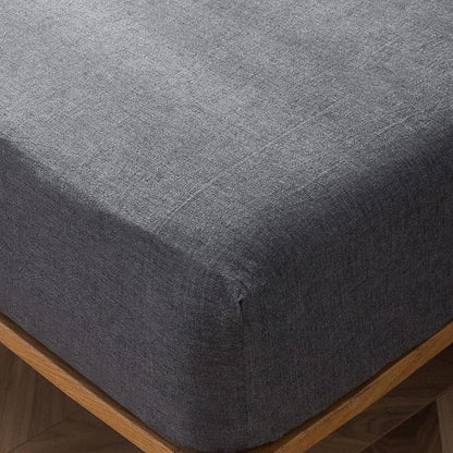 MooMee Fitted Bottom Sheet Only 100% Washed Cotton Linen Like Textured Breathable Durable Soft Comfy Deep Pocket Fits Mattress up to 17" (Dark Grey, Queen)