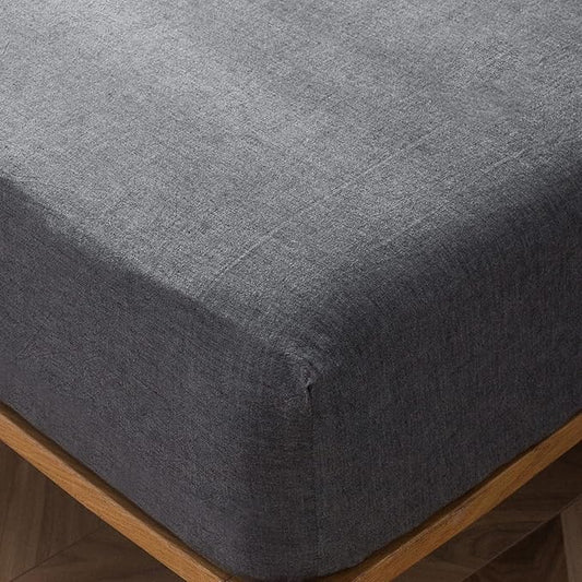 MooMee Fitted Bottom Sheet Only 100% Washed Cotton Linen Like Textured Breathable Durable Soft Comfy Deep Pocket Fits Mattress up to 17" (Dark Grey, Queen)