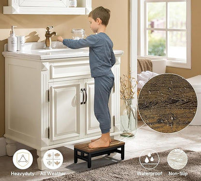 Y&M One Step Stool for Adults Kids, Adjustable Non-Slip Foot Stool with Sturdy Metal Frame, Bed Step for High Beds, Portable Step for Kitchen, Bathroom, Bedroom, Living Room – Rustic Brown