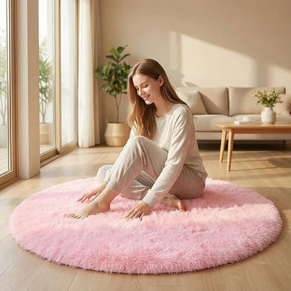 duduta Pink Fluffy Round Rug 4x4 ft, Shag Fuzzy Plush Circle Throw Rug for Nursery Bedroom Living Room Home Decor