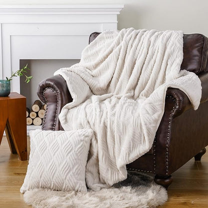 BATTILO HOME White Faux Fur Throw Blanket for Couch, Bed, Cream Faux Rabbit Fur Blanket Throw 50"x60", Blanket, Ivory Blanket with 1 Fur Pillow Cover, 18"x18"
