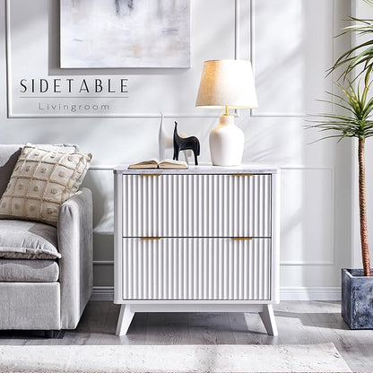 T4TREAM Fluted Night Stand Set 2, 30" Tall Bedside Table with 2 Drawers & Large Tabletop, Modern Wood Side Tables Bedroom, End Table for Living Room, White
