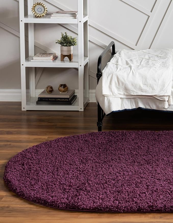 Unique Loom Solid Shag Collection Area Rug (8' x 10' Oval, Eggplant Purple)