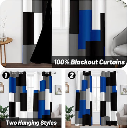 Blue Gray 100% Blackout Curtains for Bedroom 63 inch Length 2 Panels Set White Grey Modern Abstract Geometric Black Out Curtains Insulated Room Darkening Window Drapes for Living Room, 42Wx63L