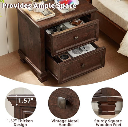 Farmhouse Nightstand Set of 2, Rustic Low Nightstands with 2 Drawers & Charging Station, Vintage Night Stands with 4 Square Solid Wood Legs, Small Dresser for Bedroom, Home, Walnut