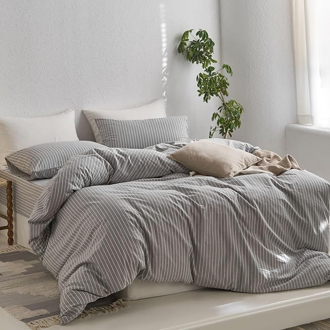 MooMee Striped Duvet Cover Set 100% Washed Cotton Linen Like Textured Breathable Durable Soft Comfy (Light Grey White Wide Stripes, Super King Plus 120"x120")