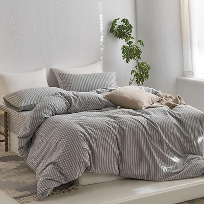 MooMee Striped Duvet Cover Set 100% Washed Cotton Linen Like Textured Breathable Durable Soft Comfy (Light Grey White Wide Stripes, King 104"x90")