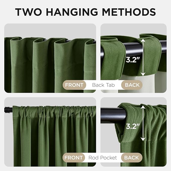 Joydeco Olive Green 100% Blackout Curtains 108 Inch 2 Panels, Luxury Thermal Green Velvet Curtains for Bedroom Living Room, Soundproof Blackout Window Drapes, Rod Pocket & Back Tab (52W x 108L)