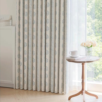 100% Boho Blackout Curtains 63 Inches Long for Bedroom, Blue on Beige Patterned Bohemian Curtains for Living Room, Geometric Striped Thermal Insulated Window Drapes Gromment Top 2 Panels