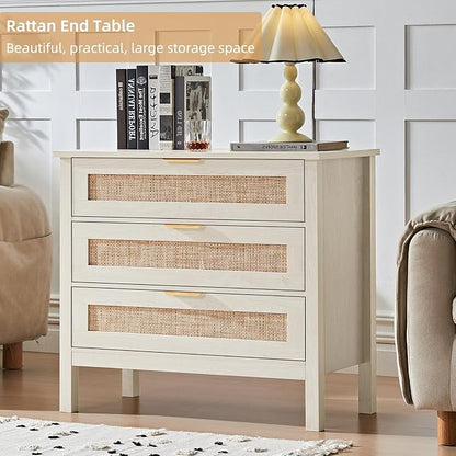 LEYAOYAO 31.5" Wide Rattan Night Stand, Large Boho Nightstand, Bedside Table with Storage, Tall Bed Side End Tables, Chest of Drawers for Bedroom, Living Room, Hallway（Grey,3 Drawers,2）
