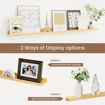 Picture Ledge Shelf, Solid Pine Wood Floating Shelves Set of 2, 40 Inches Nursery Book Shelves for Toys Storage, Kids Bookshelf Wall Mounted for Living Room Bedroom Decor Books Photo Frames, Natural