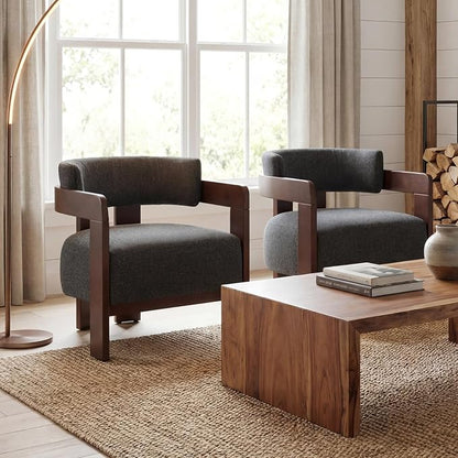 Barrel Accent Chair, Cozy Upholstered Living Room Chair for Bedroom, Walnut Wood Frame, Vintage Modern Lounge Reading Chair for Apartment Waiting Room Office,1 PCS, Charcoal