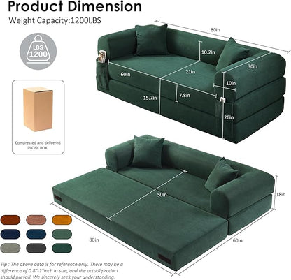80" Convertible Sofa Bed, 3-in-1 Corduroy Folding Pull Out Couch with Pillows, No Assembly Modern Boneless Couch Compression Sofa in Box, Floor Sofa with Side Storage Pocket for Living Room,Dark Green