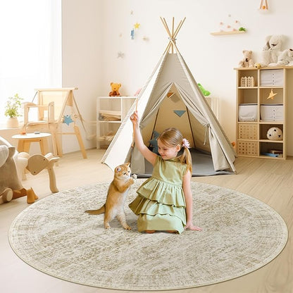 8x8 Beige Round Rug 8ft Living Room Circle Rug Vintage Round Area Rug Non Slip Indoor Carpet for Apartment