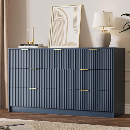 Navy 7 Drawer Dresser for Bedroom, 55.9" Wide Modern Fluted Dresser with Gold Metal Handles, Wide Chest of Drawers for Bedroom, Living Room, Entryway, Hallway