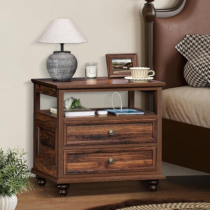 Farmhouse Nightstand with Charging Station, 24" Wide End Table with 2 Drawers,Brown Dresser for Bedroom, Bed Side Table Chest of Drawers Cabinet,Wood Night Stand for Living Room, Closet