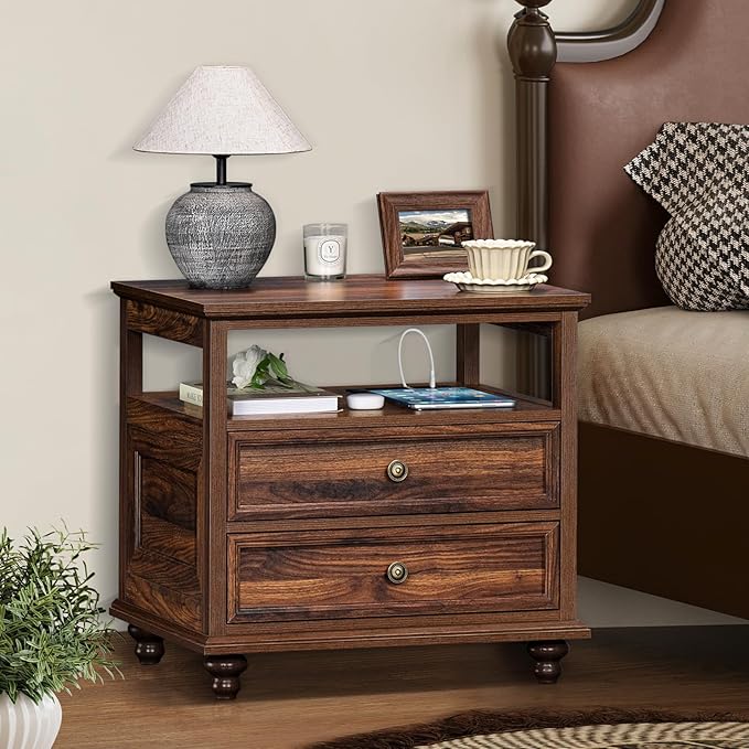 Farmhouse Nightstand Set of 2 with Charging Station, 24" Wide End Table with 2 Drawers,Brown Dresser for Bedroom,Bed Side Table Chest of Drawers Cabinet, Night Stand for Living Room