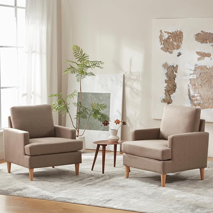 VKNOW Mid-Century Accent Chair, No Tools Assembly Required, Modern Upholstered Polyester Armchair for Living Room,Comfy Reading Accent Chairs with Wood Legs for Bedroom, Brown