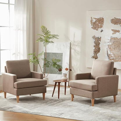 VKNOW Mid-Century Accent Chair, No Tools Assembly Required, Modern Upholstered Polyester Armchair for Living Room,Comfy Reading Accent Chairs with Wood Legs for Bedroom, Brown