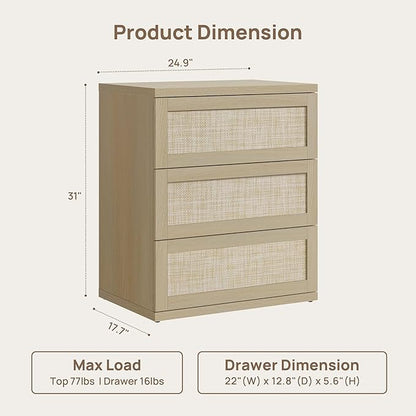 SICOTAS Dresser for Bedroom - 31" Tall Rattan Dresser with 3 Drawers Boho Dressers & Chests of Drawers Dressers for Bedroom Deep Bedside Table Clothes Closet Storage for Closet Hallway Entryway