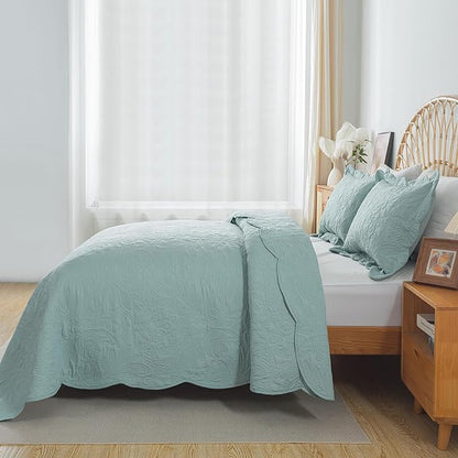 HoneiLife Quilt Set Queen Size - 3 Pieces Queen Quilt Bedding Set Microfiber Quilt Sets Lightweight Bedspreads Reversible Coverlets Retro Bed Cover Floral Bedding Set All Season Quilts-Sage Green