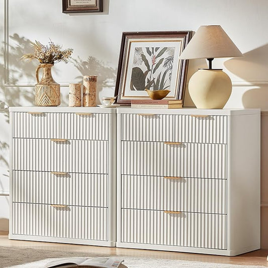 LEYAOYAO Fluted 5 Drawers Dresser for Bedroom Set of 2, 34" Tall Modern Chest of Drawers with Metal Handle, Curved Profile Design,White Wood Drawer Organizer for Bedroom, Living Room, Hallway
