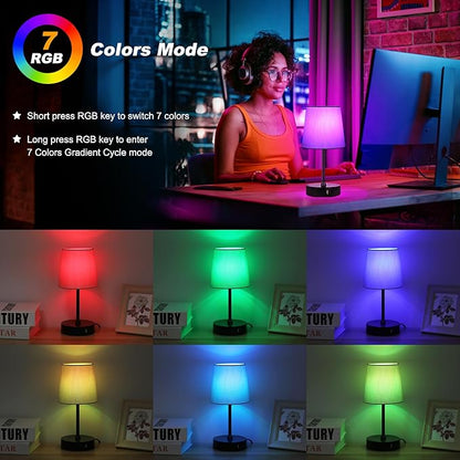 Ascher Small Bedside Table lamp, RGB Color Changing Lamps, 3 Color Temperatures Nightstand Lamps with USB C and A Ports, Touch Dimmable Desk Lamp for Bedroom Living Room(Grey Shade)
