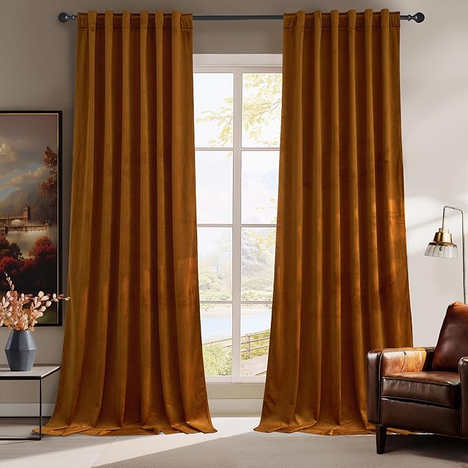 RYB HOME Plush Velvet Curtains 96 inches, Heavy Duty Back Tab Decorative Window Drapes Privacy Room Darkening Covering for Living Room Playroom, Golden Oak, W52 x L96 inches, 2 Panels