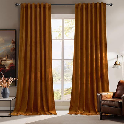 RYB HOME Fall Curtains Burnt Orange Velvet Curtains, Light Blocking, Thermal Insulated, Terracotta Luxury Window Treatment Privacy Backdrops for Bedroom Living Room, 52 inch x 84 inches, 2 Panels