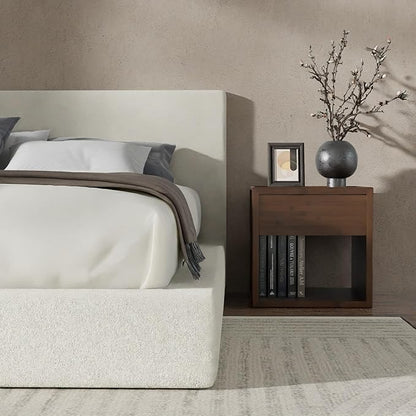 RECCI Cloud Boucle Upholstered Queen Bed Frame with Headboard, 5 Inch Foam Padded Platform, No Box Spring, Easy Assembly(Beige)