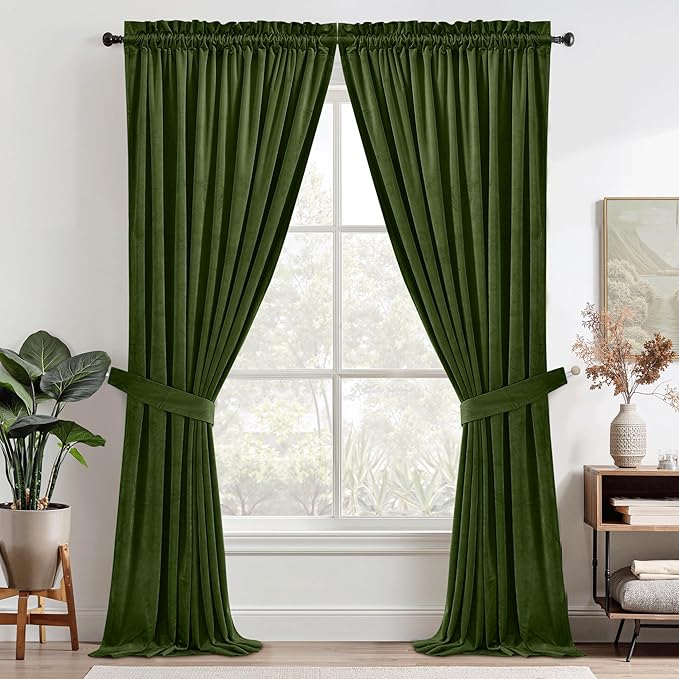 StangH Christmas Home Decor Moss Green Blackout Velvet Curtains 90 inches, Elegant Rod Pocket Thermal Insulated Thick Room Divider Curtains for Living Room, W42 x L90, 2 Panels