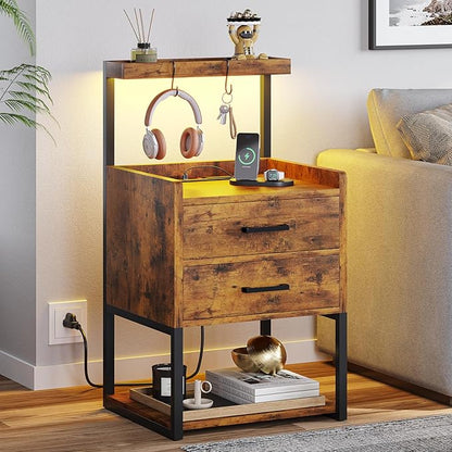 VIAGDO Nightstands Set of 2 with Charging Station, LED Night Stand with 2 Drawers, Rustic Brown Modern Bedside Tables with Open Storage Shelves, End Side Tables for Bedroom, Office