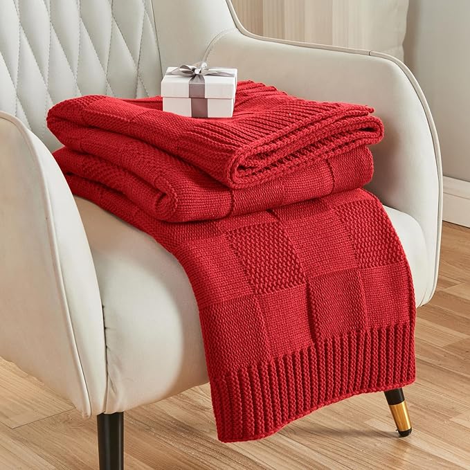CozeCube Check Knit Throw Blanket, Christmas Red Checkered Bedroom Blanket for Couch, Soft Cozy Warm Knitted Blanket for Bed Sofa Living Room, Decorative Spring Fall Throw Blanket, 50"X60"