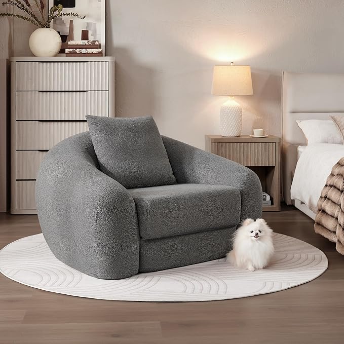 SICOTAS 49.9" Curved Convertible Sofa Couch Bed for Living Room Futon Cloud Boneless Sleeper Chair Pull Out Floor Couch with Deep Seat Single Foam Lounger No Assembly for Bedroom Apartment, Dark Grey