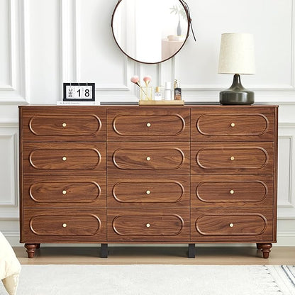 12 Drawer Fluted Dresser for Bedroom, Mid Century Modern Chest of Drawers, Wood Storage Small Dresser Organizer for Bedroom Living Room Hallway Closet, Walnut