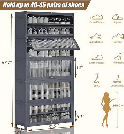 Tall Shoe Cabinet with Clear Doors, Large Capacity Bamboo Shoe Cabinet, 40-45 Pairs Shoe Rack Organizer for Closet Entrance, Hallway, Living Room, Bedroom