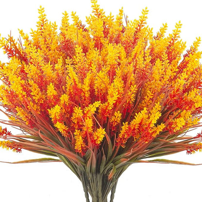 20 Bundles Artificial Plants Outdoor Fake Monkey Grass with Flowers (Fall Red)