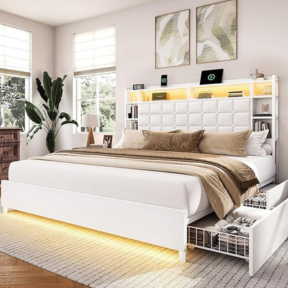 LARMACE King Size Bed Frame with 4 Storage Drawers and Bookcase Headboard, Faux Leather Upholstered, Wooden Platform Bed Frame with Charging Station and LED Lights, No Box Spring Needed, White