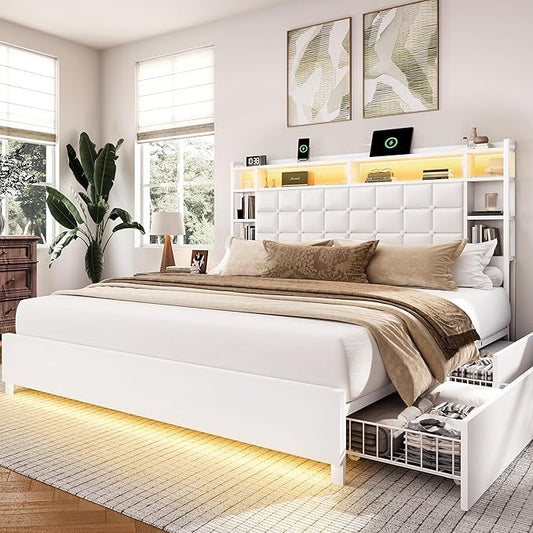 LARMACE King Size Bed Frame with 4 Storage Drawers and Bookcase Headboard, Faux Leather Upholstered, Wooden Platform Bed Frame with Charging Station and LED Lights, No Box Spring Needed, White