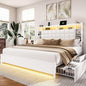 LARMACE King Size Bed Frame with 4 Storage Drawers and Bookcase Headboard, Faux Leather Upholstered, Wooden Platform Bed Frame with Charging Station and LED Lights, No Box Spring Needed, White
