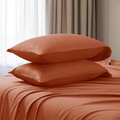 Linen World King Size 400TC Cooling Bed Sheet Set - 100% Organically Grown Viscose Sheets, Silky Soft & Breathable, Deep Pocket Fits Up to 16", 4-Piece Sheets with Pillowcases,Caremel