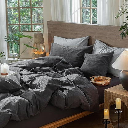 MooMee Wavy Striped Duvet Cover Set 100% Washed Cotton Linen Like Textured Breathable Durable Soft Comfy (Charocal Grey, Twin 68"x90")