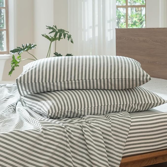 MooMee Striped Duvet Cover Set 100% Washed Cotton Linen Like Textured Breathable Durable Soft Comfy (Heathered Green Classic Stripes, Cal King 104"x98")