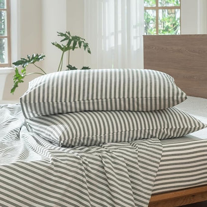 MooMee Striped Duvet Cover Set 100% Washed Cotton Linen Like Textured Breathable Durable Soft Comfy (Heathered Green Classic Stripes, Oversized Full 82"x86")