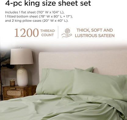 Threadmill Luxury Supima Cotton Sheets, 1200 Thread Count Soft 100% Cotton Sheets for King Size Bed, 4 Pc Sage Green King Bed Sheets Set, 5-Star Egyptian Hotel Quality with Elasticized Deep Pocket