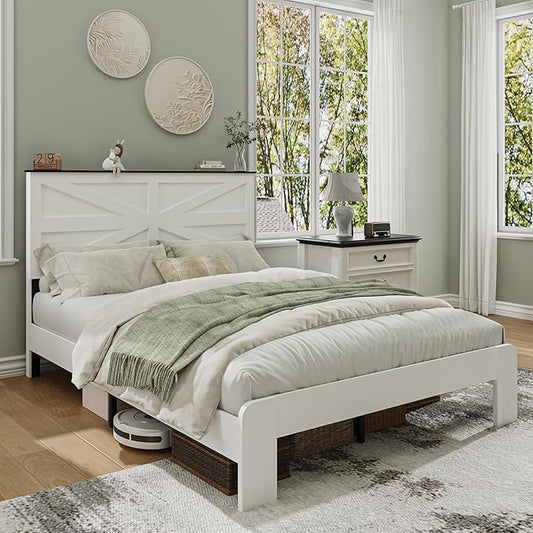 Queen Size Farmhouse Wooden Bed Frame with Headboard, Boho Platform Bedframe Sturdy Metal Slats Support, Spring Needed, Noisy Free, Easy Assembly (Queen, White)