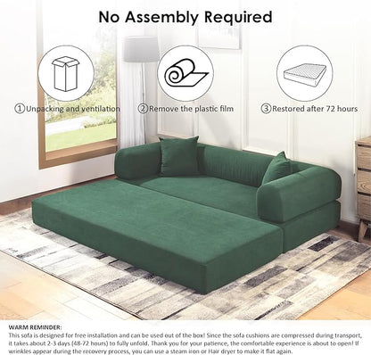 80" Convertible Sofa Bed, 3-in-1 Corduroy Folding Pull Out Couch with Pillows, No Assembly Modern Boneless Couch Compression Sofa in Box, Floor Sofa with Side Storage for Living Room,Light Green