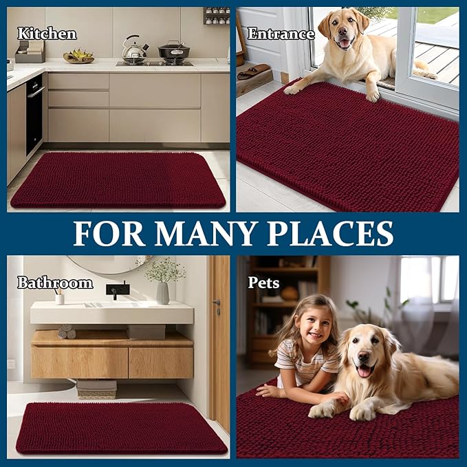 OLANLY Dog Door Mat for Muddy Paws 59x24, Absorbs Moisture and Dirt, Absorbent Non-Slip Washable Doormat, Quick Dry Chenille Mud Mat for Dogs, Entry Indoor Entryway Carpet for Inside Floor, Burgundy